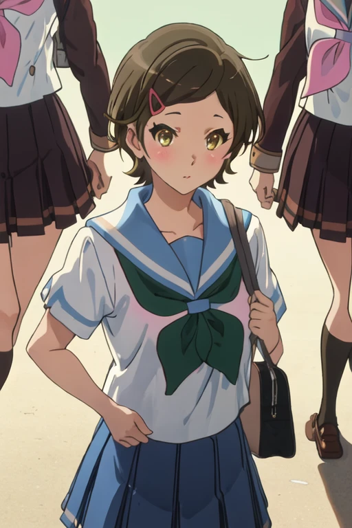 best quality, masterpiece, highres, solo, {katou_hazuki_soundeuphonium:1.15}, short_hair, brown_hair, hair_ornament, hairclip, blush, brown_eyes, serafuku, kitauji_high_school_uniform, multiple_girls, neckerchief, red_neckerchief, school_uniform, skirt, yellow_eyes, green_neckerchief, 2girls, 3girls, sailor_collar, solo_focus