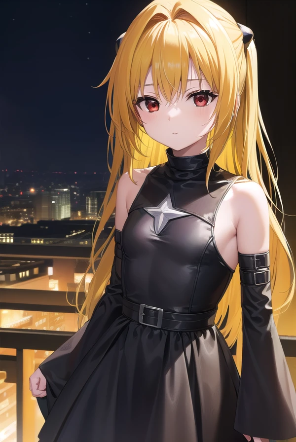 toloveruyami, <lora:toloveruyami-lora-nochekaiser:1>,
yami, (yellow hair:1.5), long hair, (red eyes:1.5), (hair ornament:1.2), two side up, (small chest:1.2),
BREAK sleeveless, detached sleeves, dress, black dress, black skirt, clothing cutout, cleavage cutout,
BREAK outdoors, city, night, sky,
BREAK looking at viewer, (cowboy shot:1.5),
BREAK <lyco:GoodHands-beta2:1>, (masterpiece:1.2), best quality, high resolution, unity 8k wallpaper, (illustration:0.8), (beautiful detailed eyes:1.6), extremely detailed face, perfect lighting, extremely detailed CG, (perfect hands, perfect anatomy),