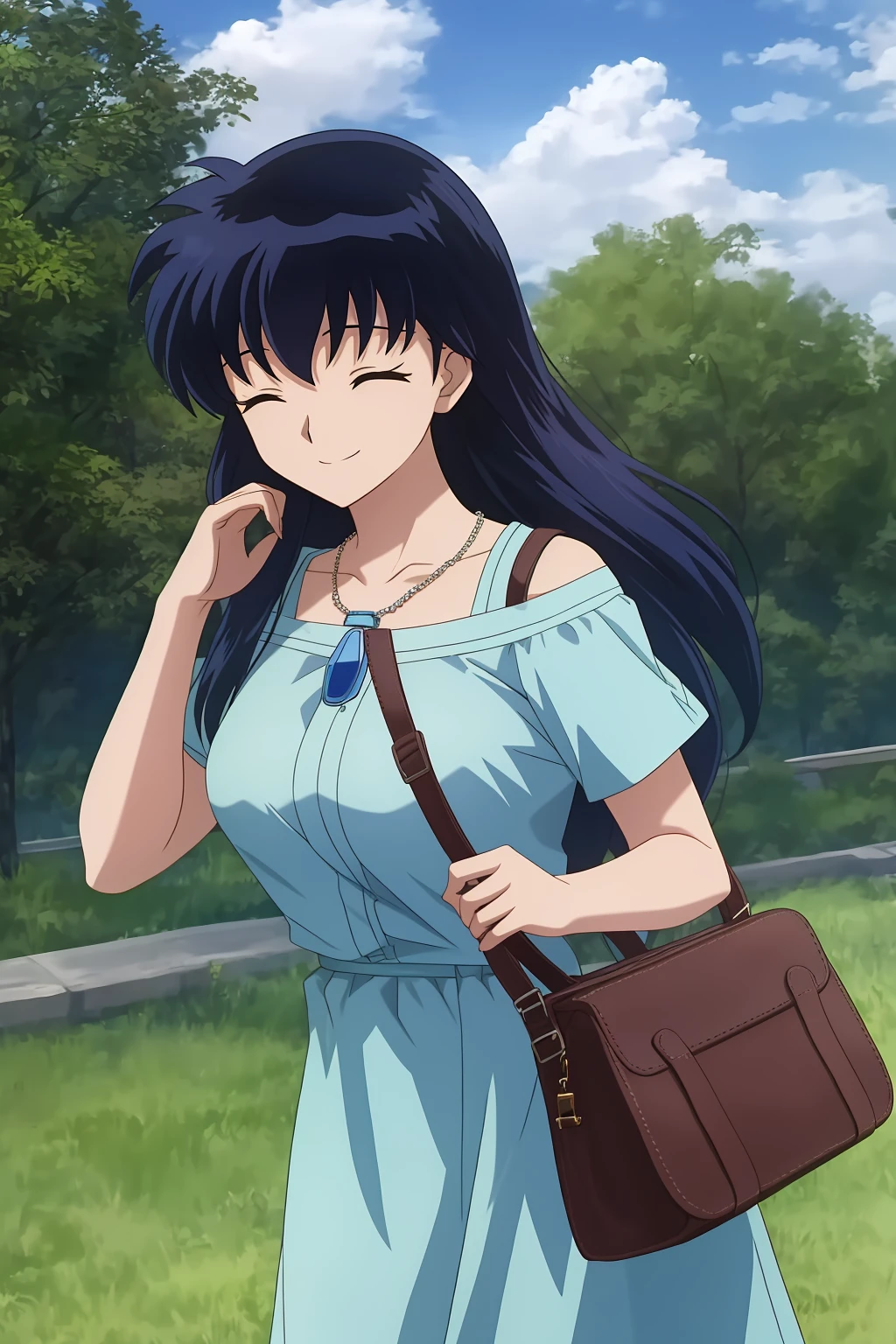 kagome, 1girl, solo, long_hair, breasts, smile, bangs, shirt, black_hair, dress, jewelry, medium_breasts, closed_mouth, standing, collarbone, closed_eyes, upper_body, short_sleeves, outdoors, sky, day, cloud, necklace, bag, blue_sky, ^_^, blue_dress, cloudy_sky, blue_shirt, facing_viewer, pendant, handbag, shoulder_bag