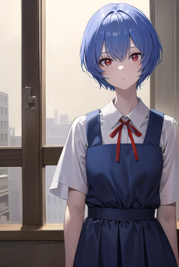 reiayanami, <lora:reiayanami-lora-nochekaiser:1>,
rei ayanami, blue hair, short hair, (red eyes:1.5), (small breast:1.2),
BREAK blue dress, dress, neck ribbon, pinafore dress, red ribbon, ribbon, school uniform, short sleeves, short-sleeved sweater, sweater,
BREAK indoors, classroom,
BREAK looking at viewer, (cowboy shot:1.5),
BREAK <lyco:GoodHands-beta2:1>, (masterpiece:1.2), best quality, high resolution, unity 8k wallpaper, (illustration:0.8), (beautiful detailed eyes:1.6), extremely detailed face, perfect lighting, extremely detailed CG, (perfect hands, perfect anatomy),
