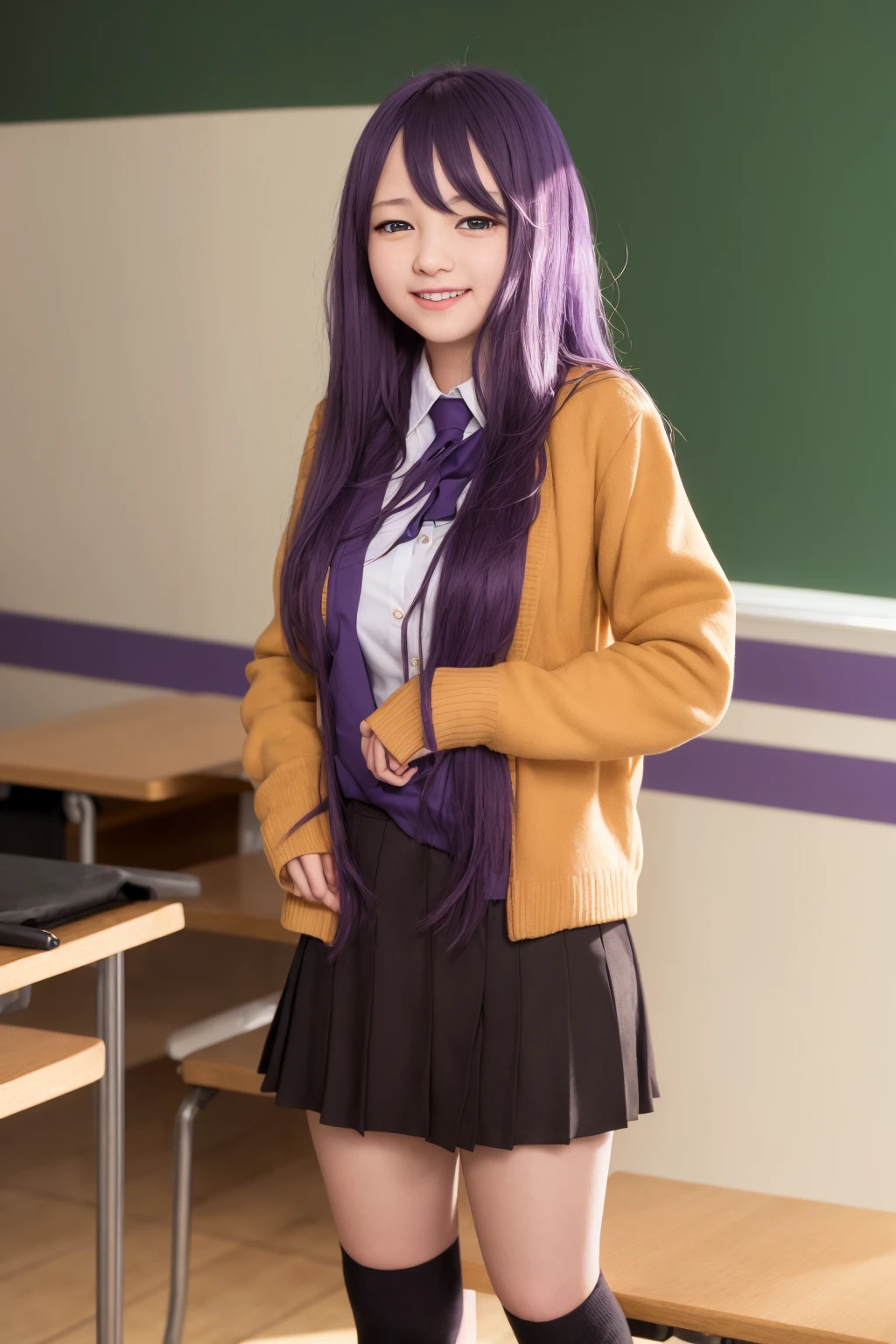 arafed asian woman in a school uniform posing in front of a blackboard, a hyperrealistic schoolgirl, wearing japanese school uniform, hyperrealistic schoolgirl, japanese girl school uniform, wearing school uniform, japanese school uniform, realistic schoolgirl, girl wearing uniform, cute schoolgirl, wearing a school uniform, jk uniform, school girl, korean girl, (1girl blue eyes light purple hair), big ass full breasts until waiting wearing, (mini sexy swinging skirt round: 1.3), varied poses.