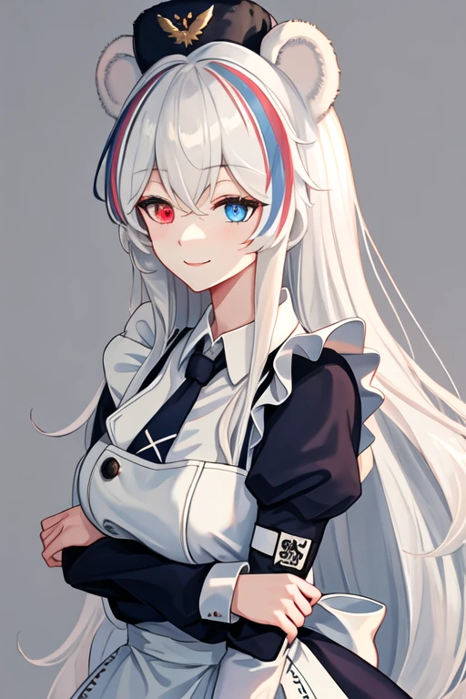 best quality, masterpiece, highres, solo, {maid:1.40}, {long maid dress:1.15}, {rosa_arknights:1.15}, animal_ears, bear_ears, long_hair, white_hair, blue_eyes, heterochromia, multicolored_hair, streaked_hair, hat, blue_hair, red_eyes, hair_between_eyes, bangs, necktie, smile, blue_headwear, upper_body, blue_necktie, very_long_hair, breasts