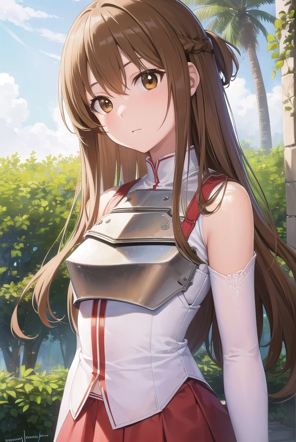 asunayuuki, <lora:asunayuuki-lora-nochekaiser:1>,
asuna yuuki, long hair, brown hair, (brown eyes:1.8), (small breast:1.2),
BREAK skirt, thighhighs, bare shoulders, detached sleeves, armor, white thighhighs, (breastplate:1.2), red skirt,
BREAK outdoors, nature, forest, sun, sky,
BREAK looking at viewer, (cowboy shot:1.5),
BREAK <lyco:GoodHands-beta2:1>, (masterpiece:1.2), best quality, high resolution, unity 8k wallpaper, (illustration:0.8), (beautiful detailed eyes:1.6), extremely detailed face, perfect lighting, extremely detailed CG, (perfect hands, perfect anatomy),