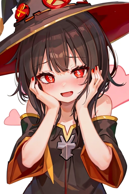 1girl, megumin, witch hat, blush, hands on own face, heart, heart-shaped pupils, looking at viewer, medium hair, nail polish, open mouth, smile, solo, symbol-shaped pupils, yandere