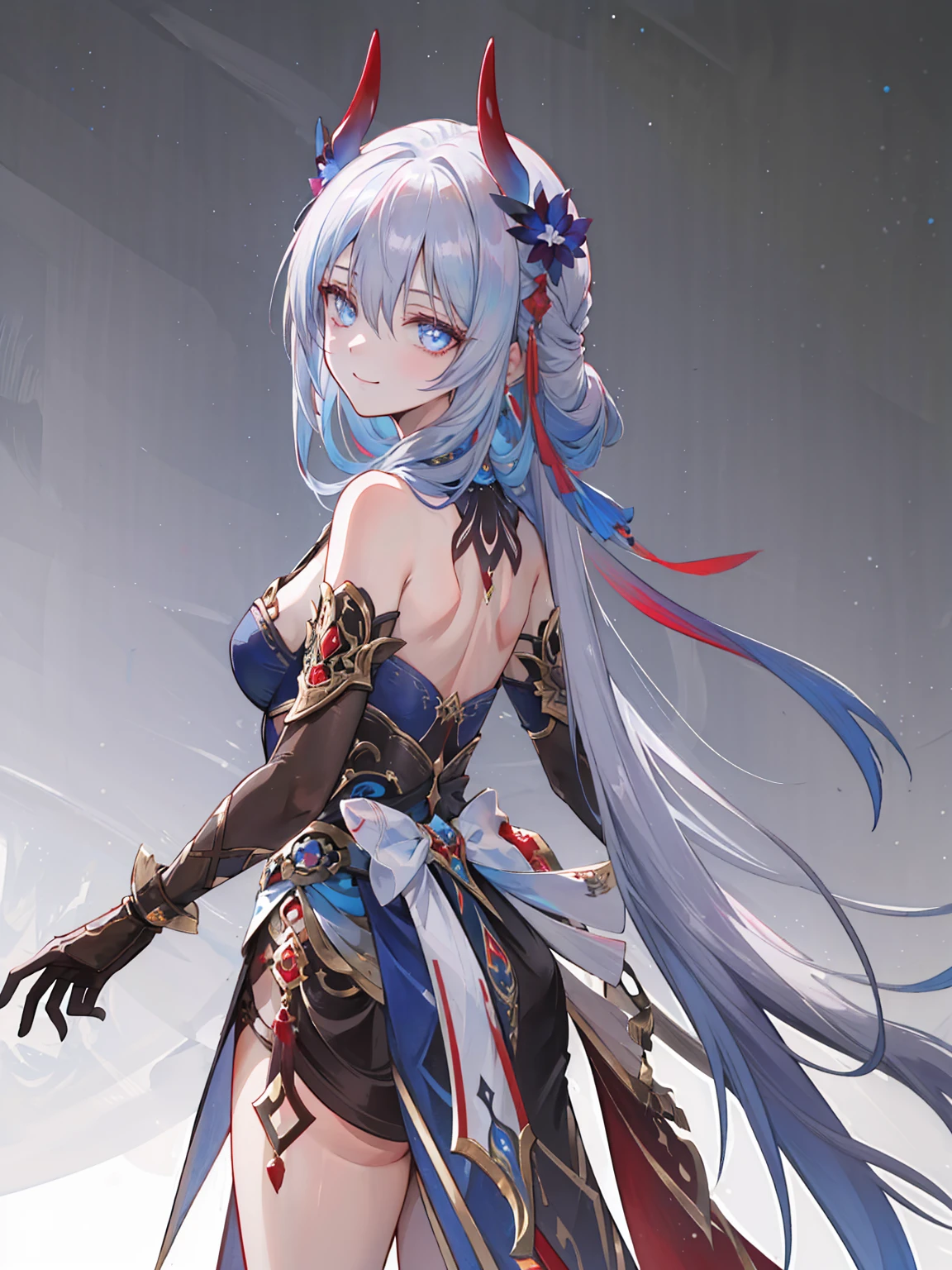 ((masterpiece,best quality)), highres, 1girl, hanya, horns, elbow gloves, from behind, looking back, smile, (closed mouth),