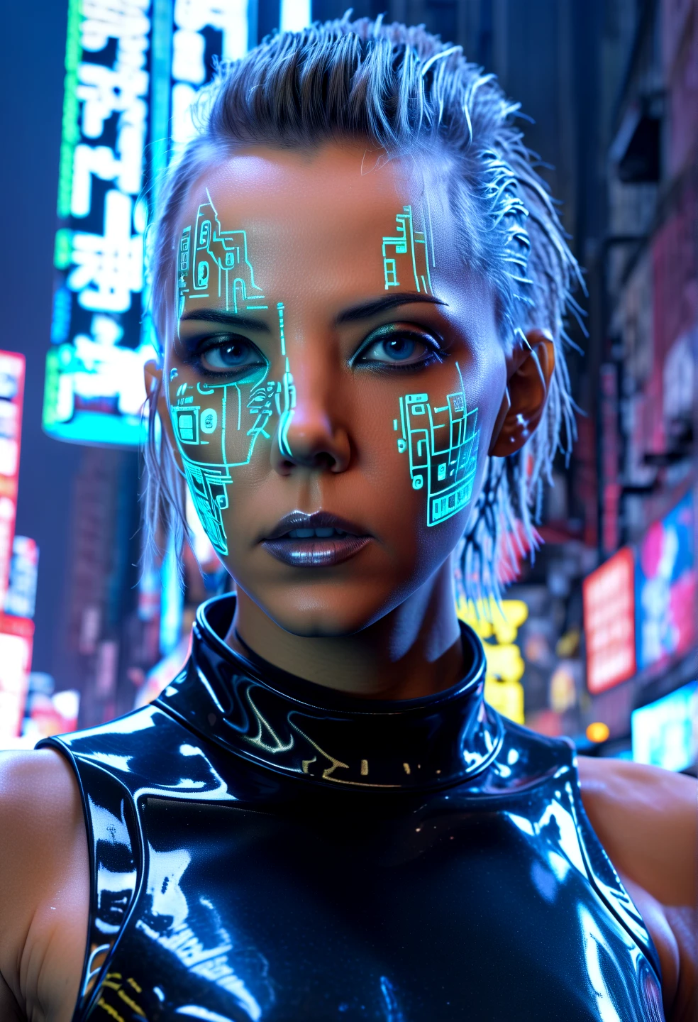 (detailed face), (photorealistic), (masterpiece), (photography), (realistic skin texture), katya clover in a dystopian cyberpunk city, (cyborg:1.3), bladerunner, dark misty street, punk hairstyle, cybernetic face modifications, body modification, Lara Croft video game character, wearing cyberpunk clothes, neon signs, misty,,