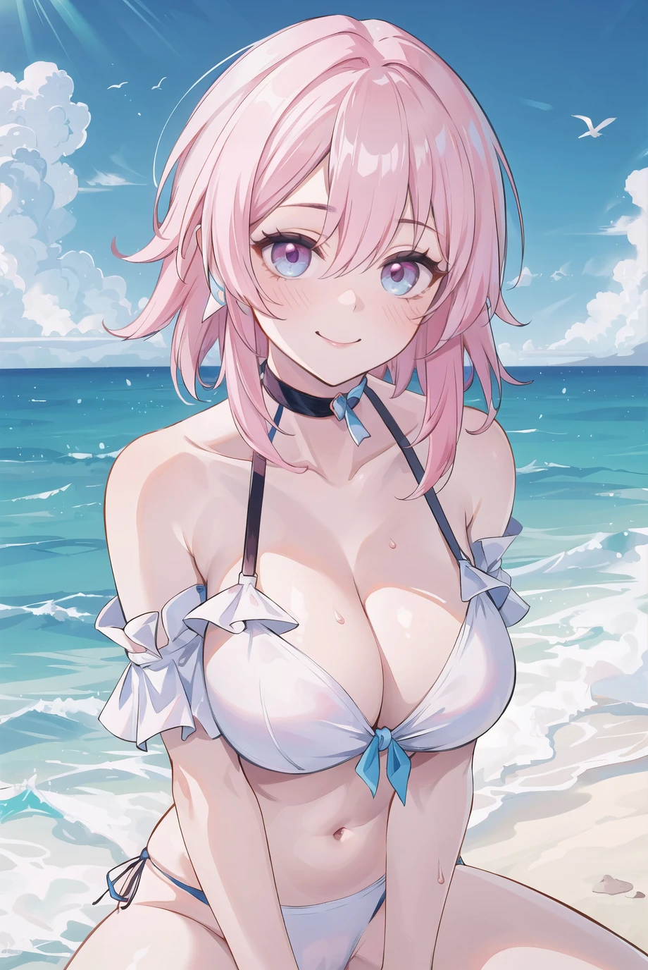 (masterpiece:1.2),best quality,(highres:1.2),pixel-perfect duplicate,(incredibly absurdres:1.4),(extremely detailed face:1.4),(highly detailed eyelash:1.6),highly detailed eyes,sharp details,high contrast,(shiny skin:1.2),beautiful fingers,elegant,elegant face,mature women,thick body,sexy body,massive breasts,perfect round breast,milf face,1girl,bare shoulders,beach,bikini,blush,breasts,cameltoe,choker,cleavage,day,horizon,march7th \(honkai starrail\),large breasts,short hair,looking at viewer,navel,ocean,outdoors,white bikini,white choker,blue eyes,pink hair,sand,shore,smile,solo,spread legs,string bikini,swimsuit,thighs,water,<lora:add_detail:0.6>,<lora:march7th:0.6>,