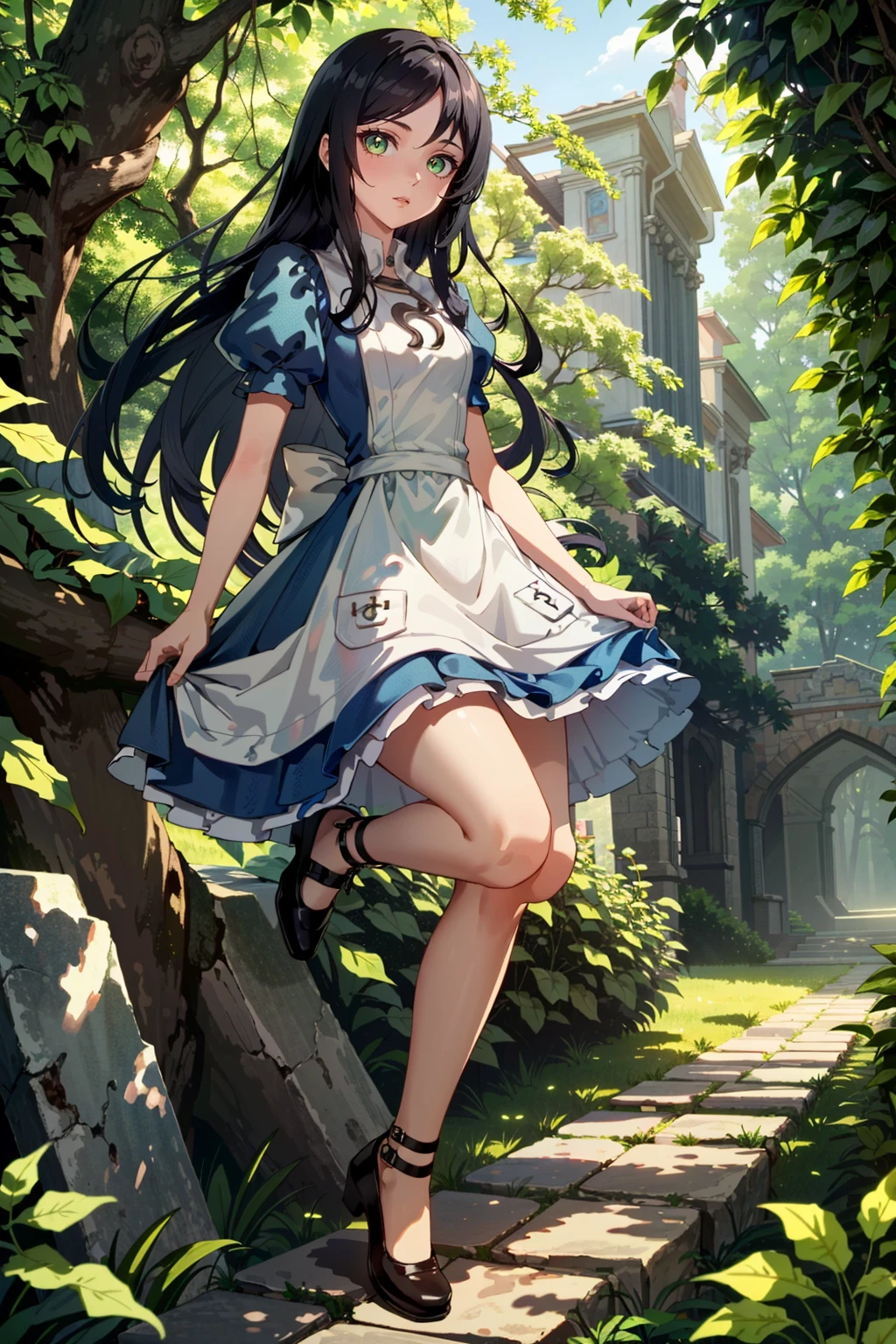 (masterpiece, highres, best quality:1.2)
<lora:AliceMadness:0.8>
AliceMadness, 1girl, solo, long hair, black hair, dress, full body, garden maze, midday, dappled sunlight peeking through leafy green walls