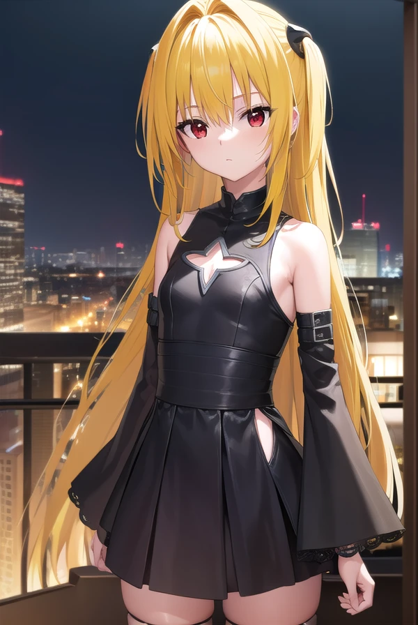 toloveruyami, <lora:toloveruyami-lora-nochekaiser:1>, 
yami, (yellow hair:1.5), long hair, (red eyes:1.5), (hair ornament:1.2), two side up, (small chest:1.2), 
BREAK sleeveless, detached sleeves, dress, black dress, black skirt, clothing cutout, cleavage cutout,
BREAK outdoors, city, night, sky,
BREAK looking at viewer, (cowboy shot:1.5),
BREAK <lyco:GoodHands-beta2:1>, (masterpiece:1.2), best quality, high resolution, unity 8k wallpaper, (illustration:0.8), (beautiful detailed eyes:1.6), extremely detailed face, perfect lighting, extremely detailed CG, (perfect hands, perfect anatomy),