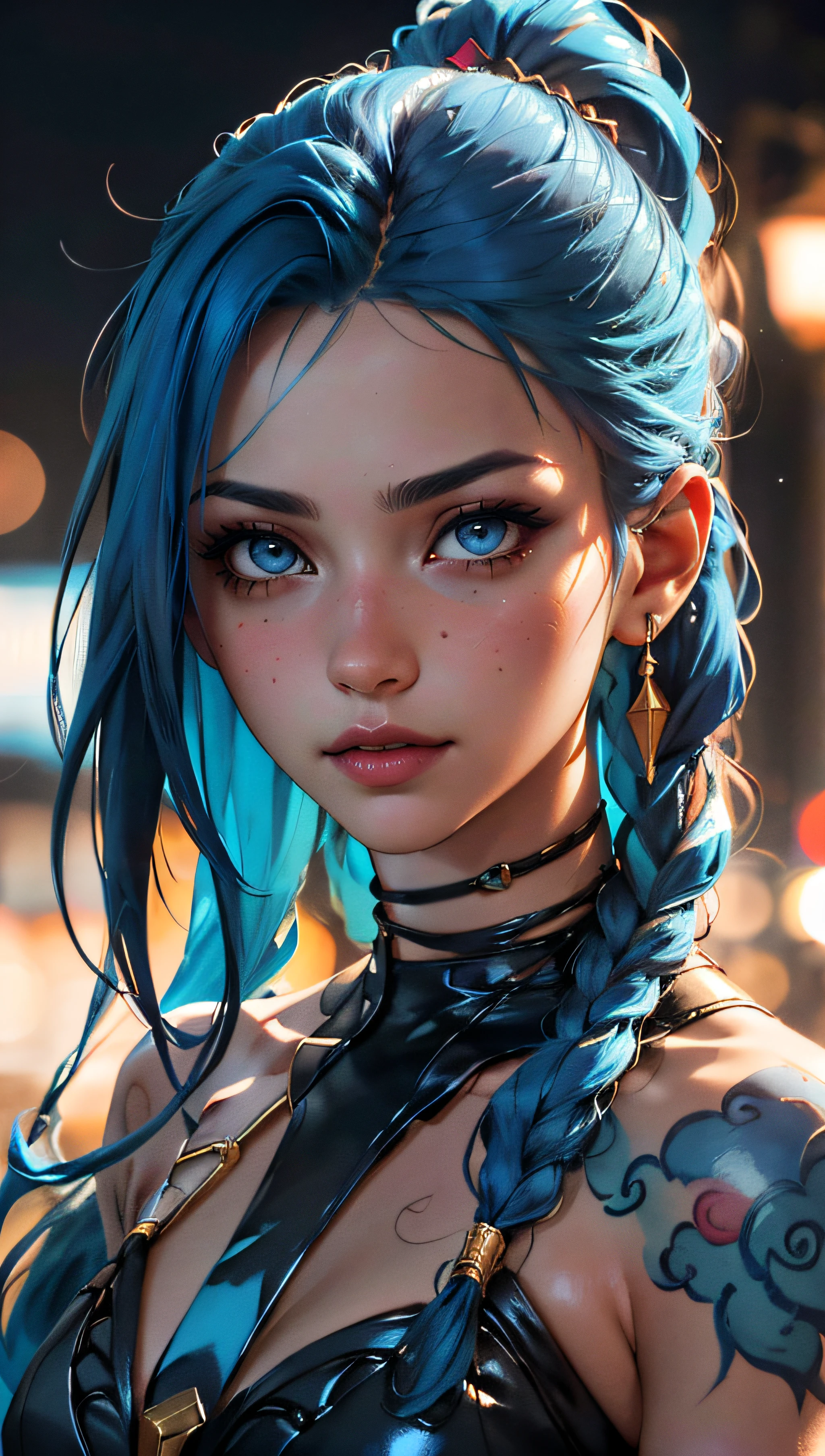 (best quality, masterpiece, colorful, dynamic angle, highest detailed)(Jinx, Legue of Legends, Arcane) upper body professional photo, award winning fashion photography of sexy, intense blue long hair, Jinx <lora:JinxLol:1>, Legue of Legends, Arcane, flirting, bokeh, (intricate details, hyperdetailed:1.15), detailed, moonlight passing through hair, perfect night (official art, colorful art background, extreme detailed, highest detailed, natural skin texture, hyperrealism, soft light, sharp, perfect face), HDR+