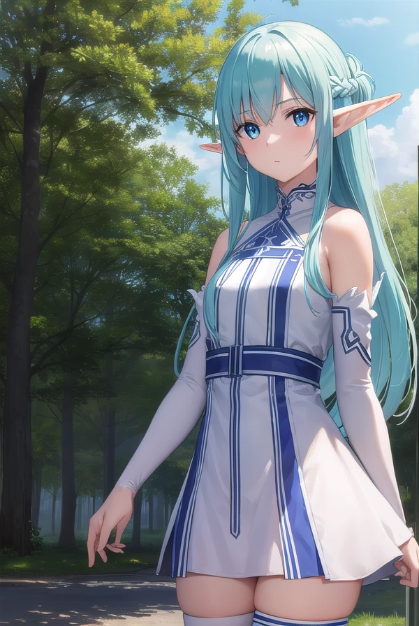 asunayuuki, <lora:asunayuuki-lora-nochekaiser:1>,
asuna yuuki, long hair, blue eyes, blue hair, pointy ears, elf, (small breast:1.2),
BREAK thighhighs, dress, boots, detached sleeves, zettai ryouiki, white footwear, blue thighhighs,
BREAK outdoors, nature, forest, sun, sky,
BREAK looking at viewer, (cowboy shot:1.5),
BREAK <lyco:GoodHands-beta2:1>, (masterpiece:1.2), best quality, high resolution, unity 8k wallpaper, (illustration:0.8), (beautiful detailed eyes:1.6), extremely detailed face, perfect lighting, extremely detailed CG, (perfect hands, perfect anatomy),
