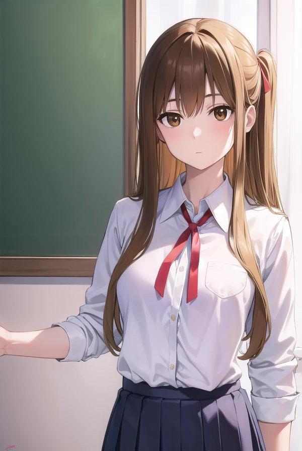 1girl in、Asuka、evangerion、8K、top-quality、校服、white  shirt、‎Classroom、A smile、Ultra Miniskirt、Show off panties、erectile nipple、look from down