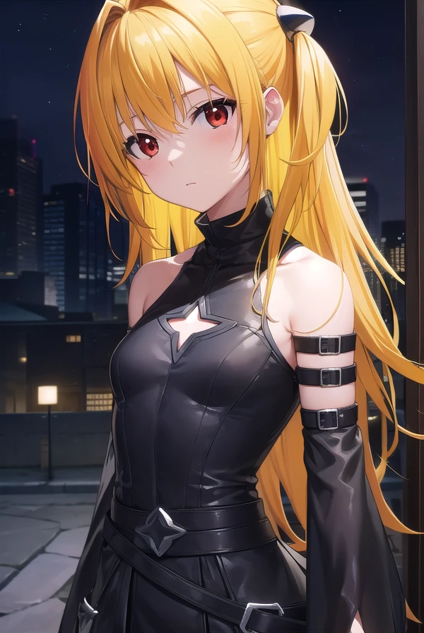 toloveruyami, <lora:toloveruyami-lora-nochekaiser:1>, 
yami, (yellow hair:1.5), long hair, (red eyes:1.5), (hair ornament:1.2), two side up, (small chest:1.2), 
BREAK sleeveless, detached sleeves, dress, black dress, black skirt, clothing cutout, cleavage cutout,
BREAK outdoors, city, night, sky,
BREAK looking at viewer, (cowboy shot:1.5),
BREAK <lyco:GoodHands-beta2:1>, (masterpiece:1.2), best quality, high resolution, unity 8k wallpaper, (illustration:0.8), (beautiful detailed eyes:1.6), extremely detailed face, perfect lighting, extremely detailed CG, (perfect hands, perfect anatomy),