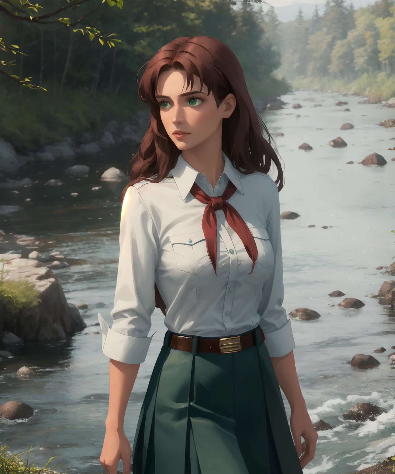 od, 1girl, solo, brown hair, long hair, green eyes, white shirt, blue pleated skirt, belt, red neckerchief, sideview, standing, sort sleeves, river on background, looking away