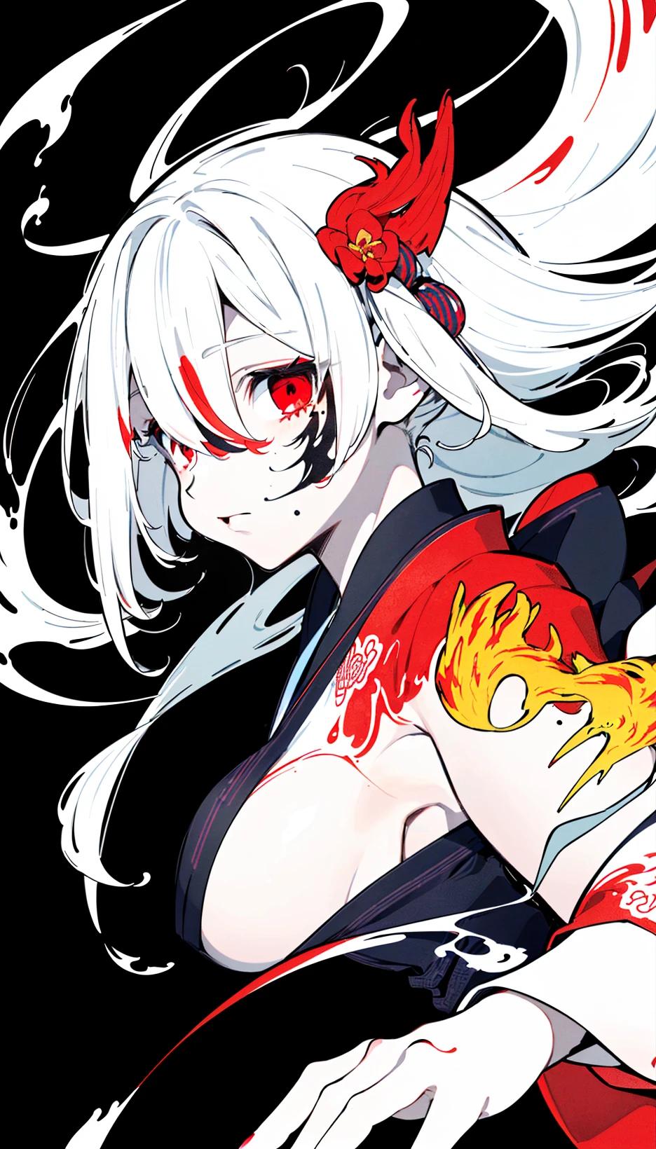 (masterpiece), (best quality),(illustration), looking at viewer,colorful,from side,((chinese colorful ink)),flat color,(phoenix:1.5,bird:1.3),sunset, standing on a building,
(1girl:1.2),detailed long white hair + red eyes,detailed face,full body, (white hair:1.4), (mole under eye:0.9), squinting,eyeshadow, hair ornament, small breasts,((kimono)), cold face,long floating hair,,hair over one eye\\,
(portrait),((ink splashing)),((chinese colorful ink)), ((Chinese color ink painting style))
upper body,(white hair +red eyes),(cute face:0.95),(detailed beautiful face:0.95),colorful painting,
(Floating),(Amazing),(Absurd),((sharp focus)), ((extremely detailed)), ((high saturation)),((surrounded by color ink splashes)),((extremely detailed body)),((colorful))