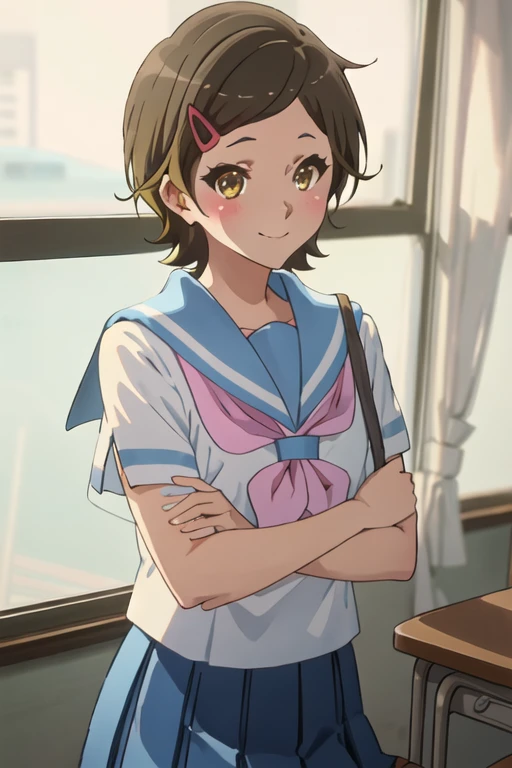 best quality, masterpiece, highres, solo, {katou_hazuki_soundeuphonium:1.15}, short_hair, brown_hair, hair_ornament, hairclip, blush, brown_eyes, serafuku, 1girl, brown_shirt, kitauji_high_school_uniform, looking_at_viewer, school_uniform, smile, white_sailor_collar, yellow_eyes, sailor_collar, closed_mouth