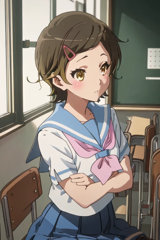 best quality, masterpiece, highres, solo, {katou_hazuki_soundeuphonium:1.15}, short_hair, brown_hair, hair_ornament, hairclip, blush, brown_eyes, serafuku, 1girl, anime_coloring, kitauji_high_school_uniform, school_uniform, yellow_eyes
