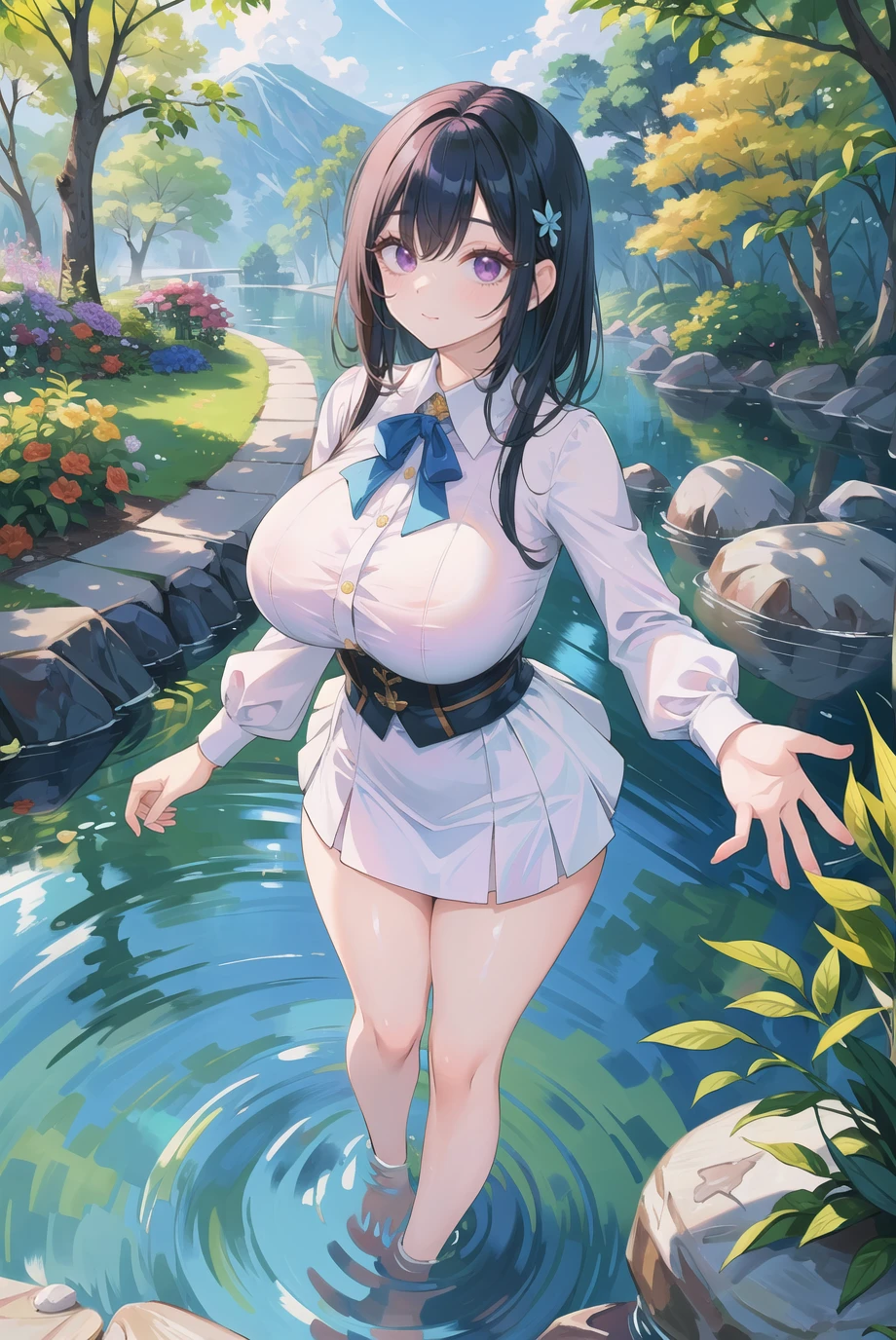 (masterpiece:1.2),best quality,(highres:1.2),pixel-perfect duplicate,(incredibly absurdres:1.4),(extremely detailed face:1.4),(highly detailed eyelash:1.6),highly detailed eyes,sharp details,high contrast,(shiny skin:1.2),beautiful fingers,elegant,elegant face,mature women,thick body,sexy body,massive breasts,perfect round breast,milf face,1girl,full body,grabbing skirt,standing in water,sunlight,flowers,creek,stone path,clean water,reflective water,ripples,shadow,<lora:add_detail:0.6>,
