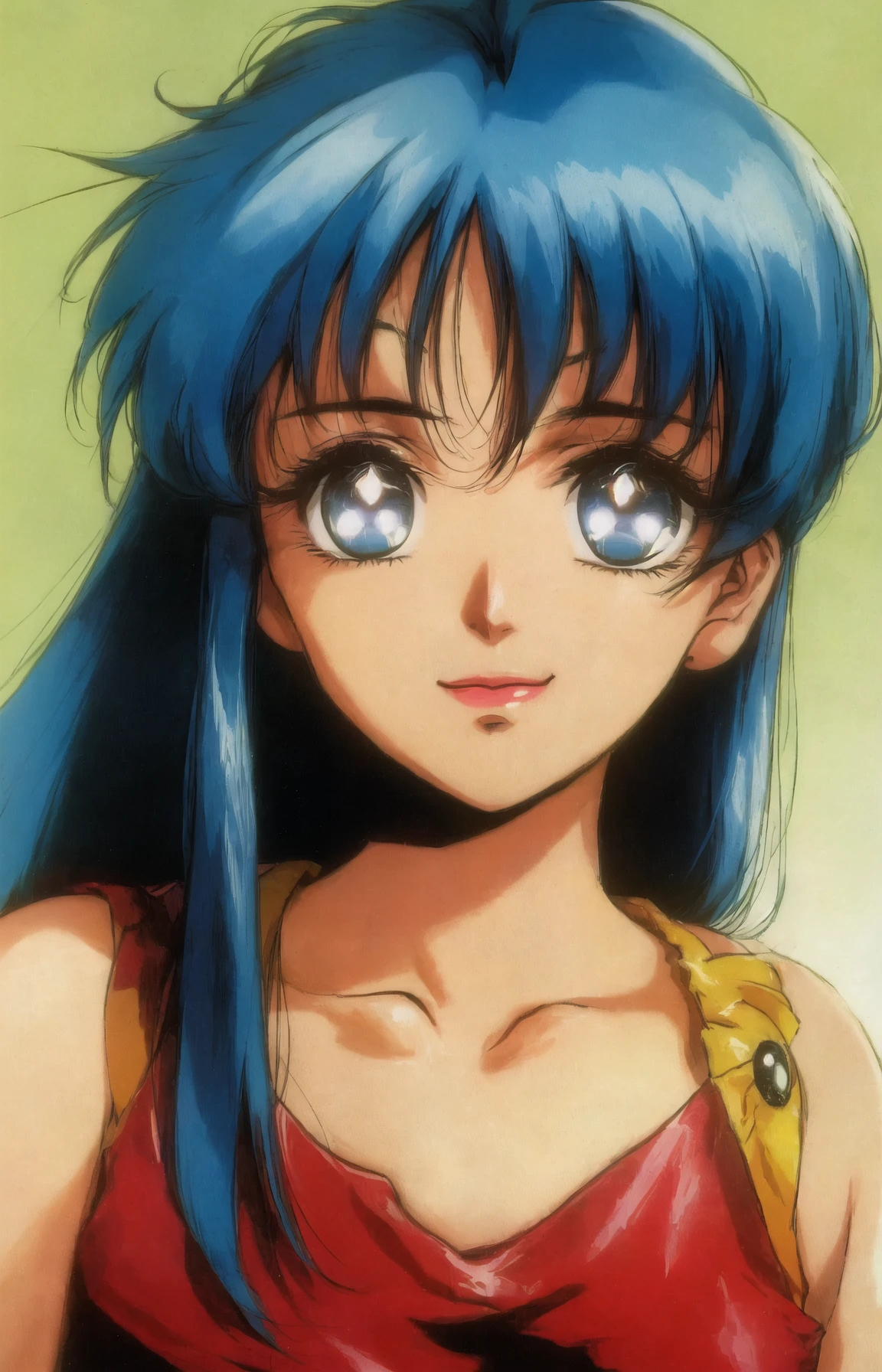 amano kazumi, gunbuster, top wo nerae!, 1girl, solo, long hair, looking at viewer, smile, bangs, blue eyes, closed mouth, blue hair, lips, parted bangs, eyelashes, sparkle, makeup, light smile, lipstick, portrait, close-up, green background, retro artstyle, 1990s (style), 1980s (style) <lora:90sv2.0R:0.6>