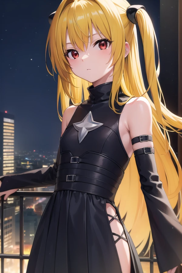 toloveruyami, <lora:toloveruyami-lora-nochekaiser:1>, 
yami, (yellow hair:1.5), long hair, (red eyes:1.5), (hair ornament:1.2), two side up, (small chest:1.2), 
BREAK sleeveless, detached sleeves, dress, black dress, black skirt, clothing cutout, cleavage cutout,
BREAK outdoors, city, night, sky,
BREAK looking at viewer, (cowboy shot:1.5),
BREAK <lyco:GoodHands-beta2:1>, (masterpiece:1.2), best quality, high resolution, unity 8k wallpaper, (illustration:0.8), (beautiful detailed eyes:1.6), extremely detailed face, perfect lighting, extremely detailed CG, (perfect hands, perfect anatomy),