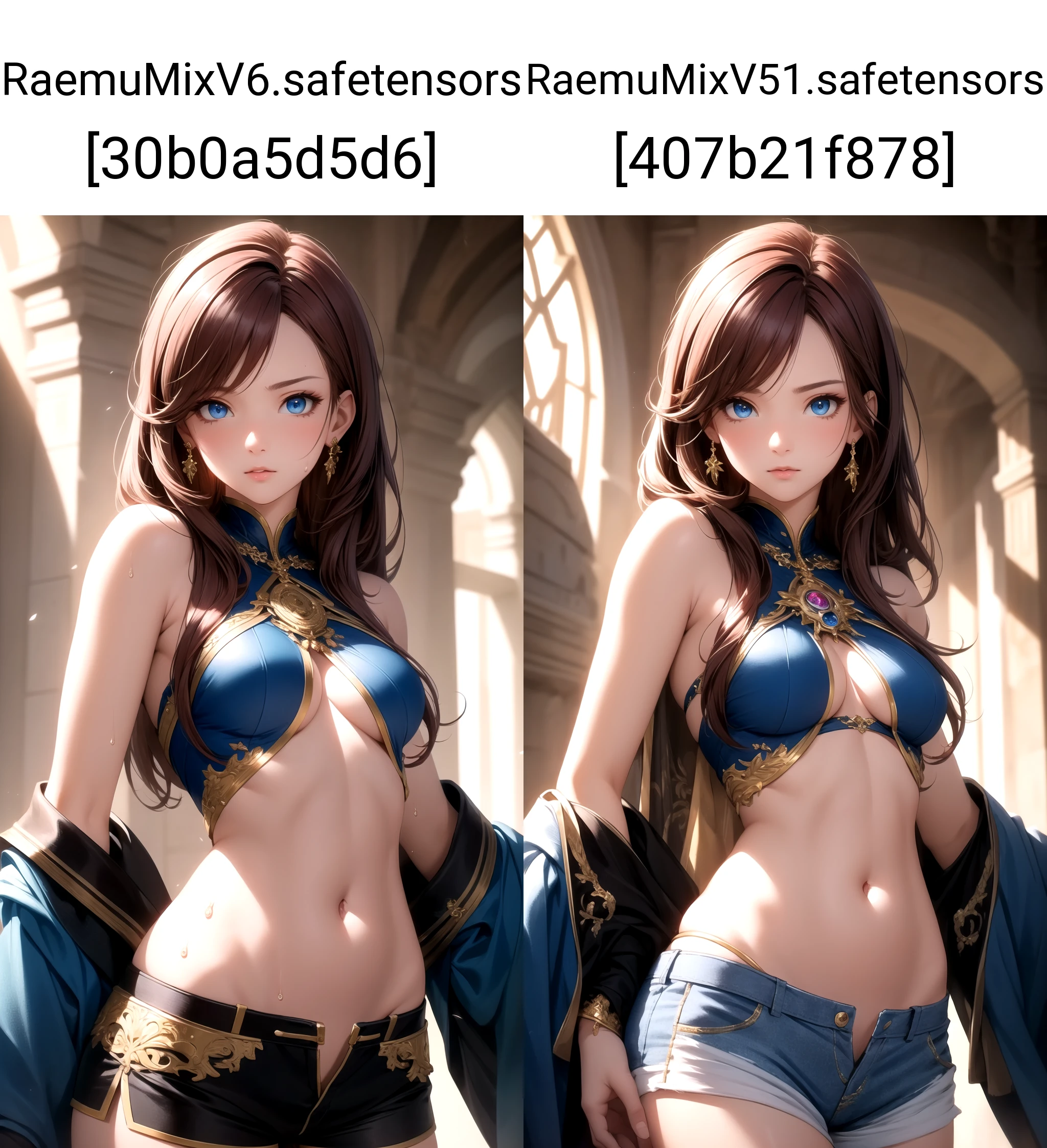 (masterpiece, best quality), intricate details, medium breast, small waist, dark red hair, blue eyes, beautiful face, perfect illumination, beautiful detailed eyes,looking at viewer, stunningly beautiful woman, detailed hairstyle, detailed background,shorts, detailed fantasy background, (sweat:1)