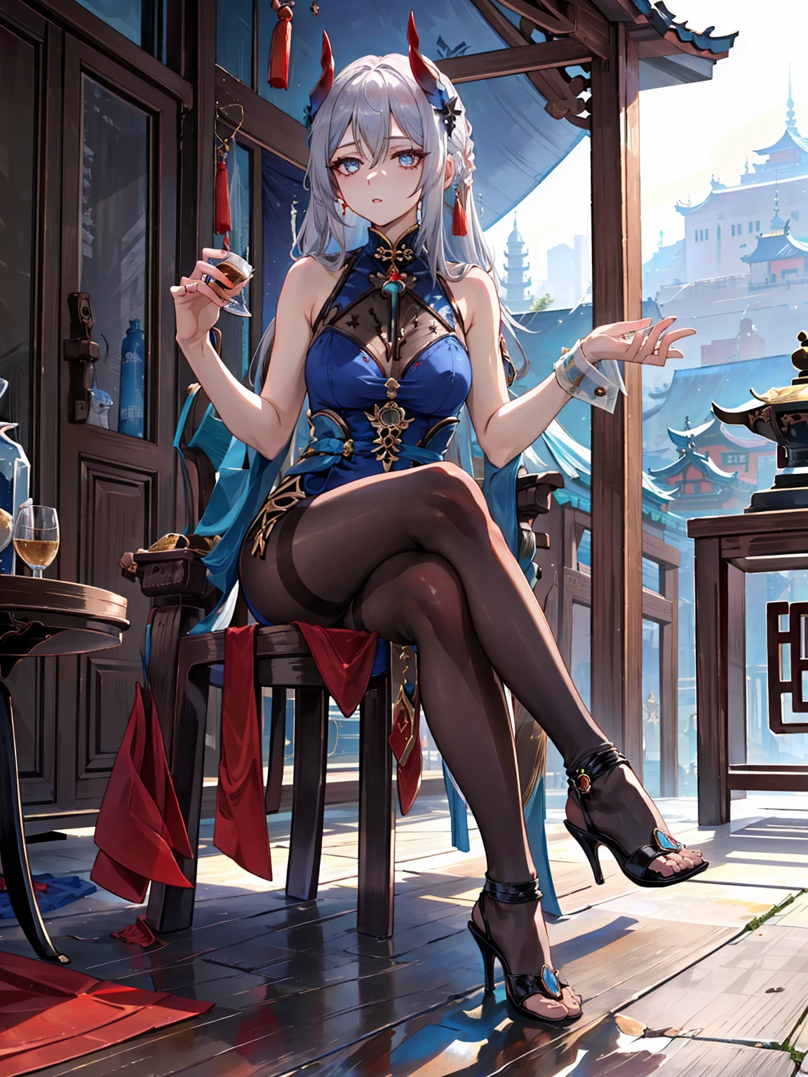 dresscantabile, 1girl, solo, breasts,underboob, hip hop,from side, high heels, sitting, blue footwear, looking at viewer,fishnet legwear, crying, fireworks, lantern, chinese clothes<lora:dresscantabile:1>