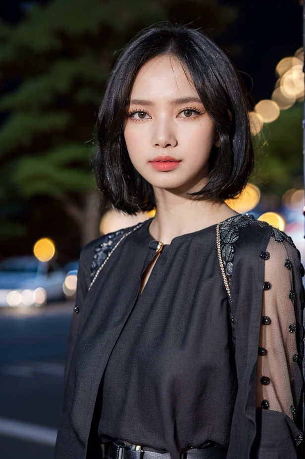 Fujifilm XT3, close up photo, masterpiece, best quality, (((1girl))), solo, realistic, (bokeh:1.5), (intricate, highly detailed:1.2), ((looking at viewer)), photorealistic, (extremely detailed face), looking at viewer, ((ultra-detailed eyes and pupils)), black eyes, ultra detailed, dress, (standing against a street at night), (night:1.5), bob cut,<lora:lisalorashy:1>