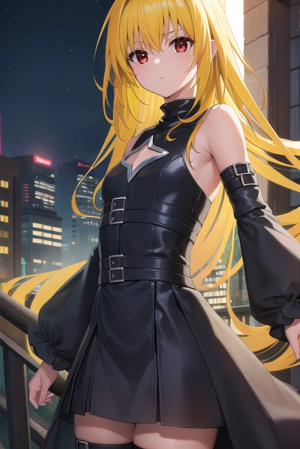 toloveruyami, <lora:toloveruyami-lora-nochekaiser:1>,
yami, (yellow hair:1.5), long hair, (red eyes:1.5), (hair ornament:1.2), two side up, (small chest:1.2),
BREAK sleeveless, detached sleeves, dress, black dress, black skirt, clothing cutout, cleavage cutout,
BREAK outdoors, city, night, sky,
BREAK looking at viewer, (cowboy shot:1.5),
BREAK <lyco:GoodHands-beta2:1>, (masterpiece:1.2), best quality, high resolution, unity 8k wallpaper, (illustration:0.8), (beautiful detailed eyes:1.6), extremely detailed face, perfect lighting, extremely detailed CG, (perfect hands, perfect anatomy),