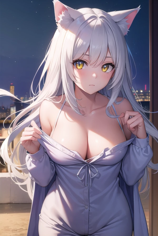 hanekawatsubasa, <lora:tsubasahanekawa-lora-nochekaiser:1>, 
hanekawa tsubasa, long hair, animal ears, cleavage, (yellow eyes:1.2), white hair, fang, cat ears, cat girl, slit pupils,
BREAK pajamas,
BREAK outdoors, night, sky, moon,
BREAK looking at viewer, (cowboy shot:1.5),
BREAK <lyco:GoodHands-beta2:1>, (masterpiece:1.2), best quality, high resolution, unity 8k wallpaper, (illustration:0.8), (beautiful detailed eyes:1.6), extremely detailed face, perfect lighting, extremely detailed CG, (perfect hands, perfect anatomy),