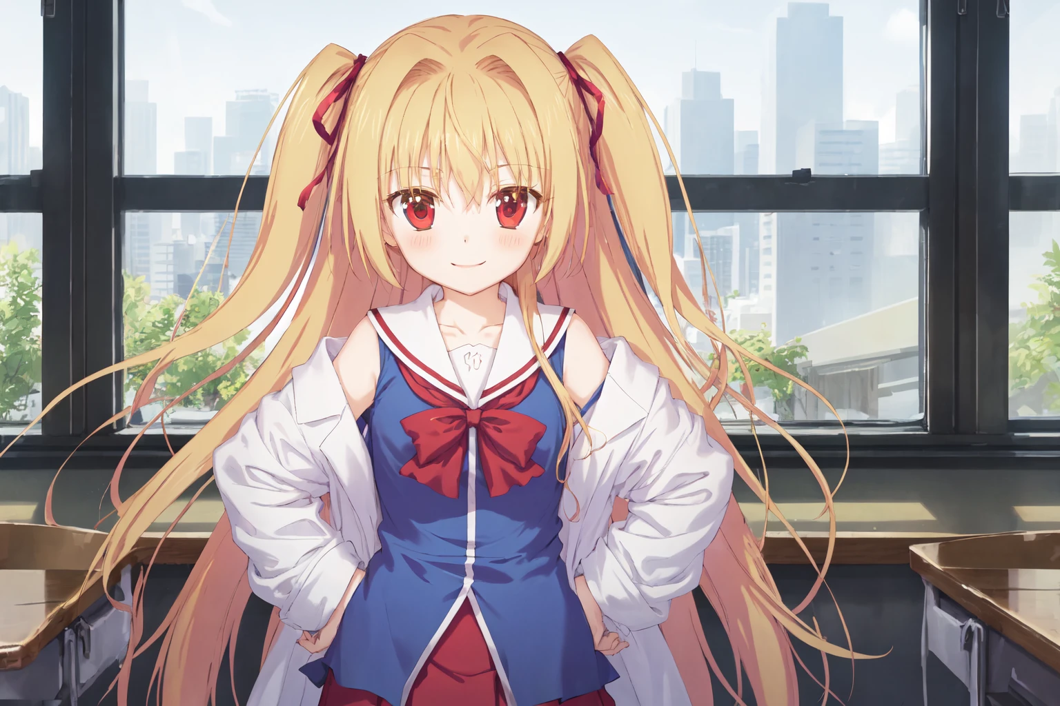 <lora:nikaidou_shinku:0.7:lbw=KoChar>,nikaidou shinku,1girl, best quality,red pleated skirt,two side up, hair ribbon, blue shirt,labcoat, school uniform,bare shoulders, hands on hips, seductive smile