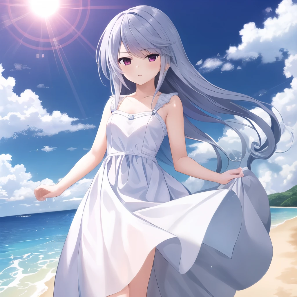 masterpiece, best quality, ultra-detailed, kazami kazuki, silver hair, long hair, purple eyes,  1 girl, solo, white dress, sundress, beach