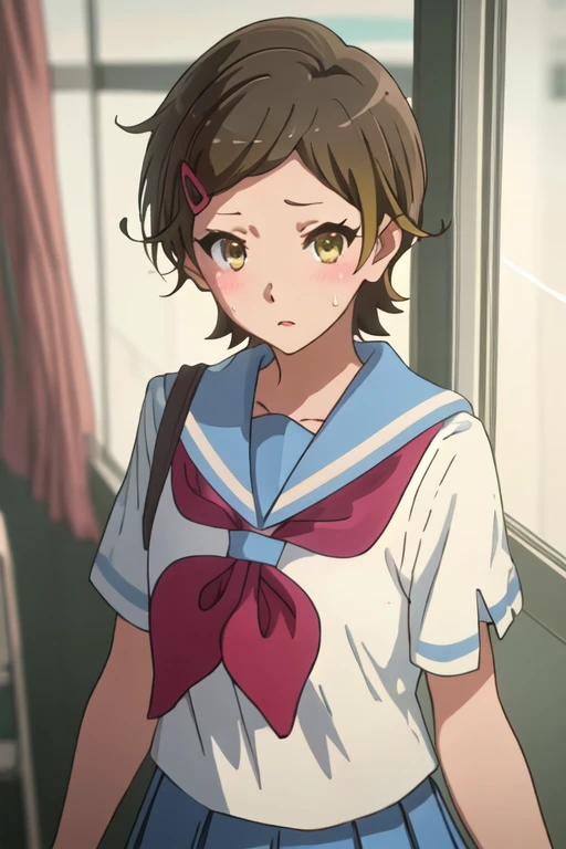 best quality, masterpiece, highres, solo, {katou_hazuki_soundeuphonium:1.15}, short_hair, brown_hair, hair_ornament, hairclip, blush, brown_eyes, serafuku, 2girls, kitauji_high_school_uniform, multiple_girls, neckerchief, sailor_collar, school_uniform, white_sailor_collar, red_neckerchief, solo_focus, brown_shirt, sweatdrop