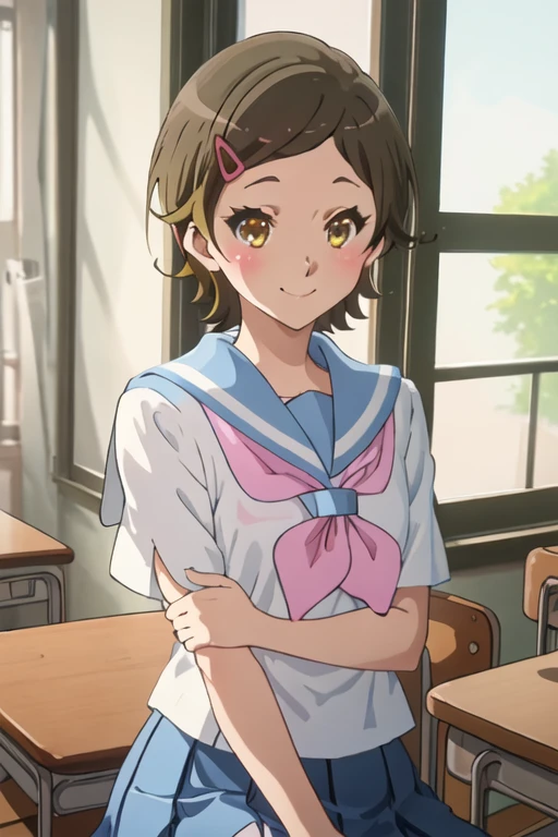 best quality, masterpiece, highres, solo, {katou_hazuki_soundeuphonium:1.15}, short_hair, brown_hair, hair_ornament, hairclip, blush, brown_eyes, serafuku, 1girl, kitauji_high_school_uniform, school_uniform, neckerchief, red_neckerchief, yellow_eyes, smile