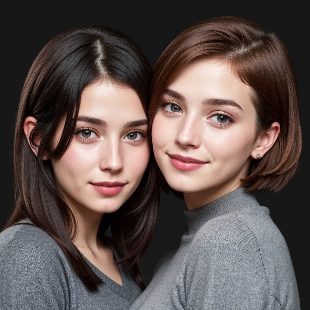 2girls, smile, black eyes, black hair, blue shirt, blush, breasts, bright pupils, grey sweater, highres, long sleeves, looking at another, medium breasts, multiple girls, open mouth, orange hair, detailed background, highly detailed, hi res, 8k, award winning, volumetric light, masterpiece, 8k, soft light, perfect lighting, (complimentary colors:1.2), (best quality:1.3), (intricate details:1.1), subsurface scattering