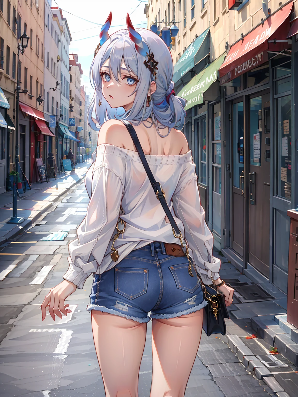 ((masterpiece,best quality)), highres, 1girl, hanya, horns, white sweater, long sleeves, denim shorts, bare legs, shoulder bag, looking back, street,
