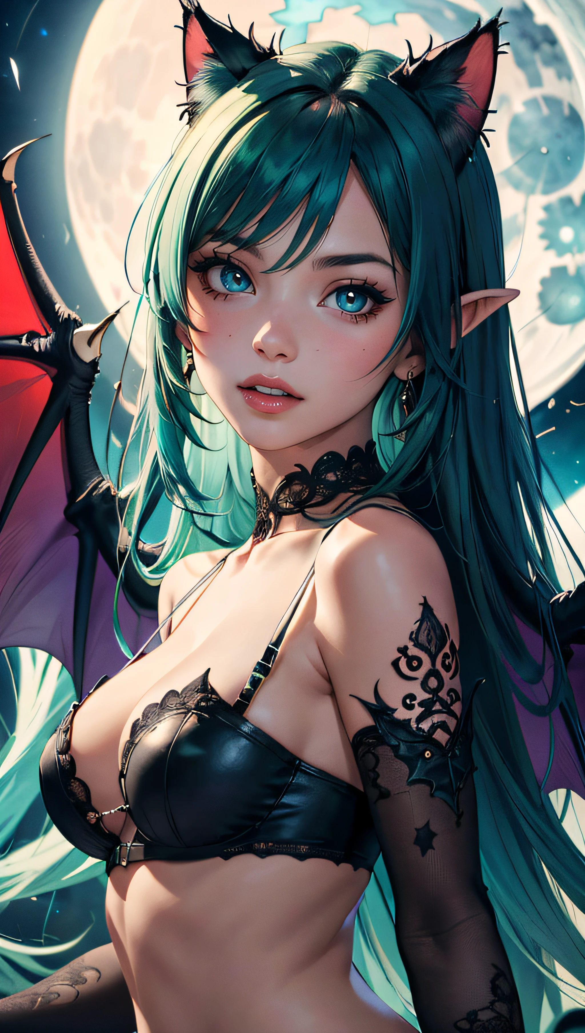 (best quality, masterpiece, colorful, dynamic angle, highest detailed)upper body photo, fashion photography of cute succubus girl, gothic, large demon red wings (high resolution textures), long green hair, (abstract art), half demon, crimson cat iris, cat eyes, vampire very long fangs, (intricate details, hyperdetailed:1.15), detailed, moonlight passing through hair, (official art, extreme detailed, highest detailed),