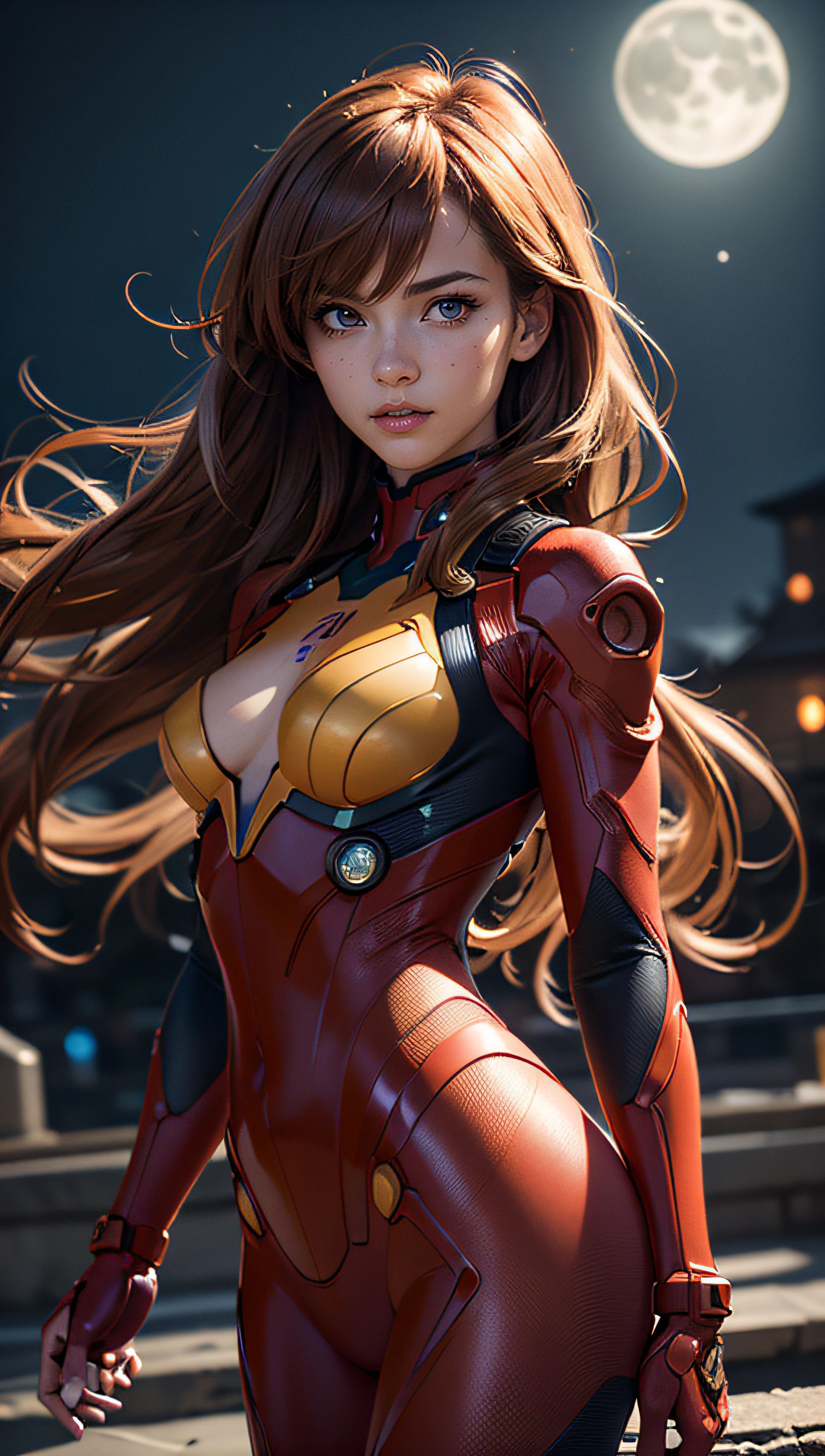 (best quality, masterpiece, colorful, dynamic angle, highest detailed)(Asuka Langley), upper body photo, fashion photography of cute red long hair girl (Asuka Langley), dressing high detailed Evangelion red suit (high resolution textures), in dynamic pose, bokeh, (intricate details, hyperdetailed:1.15), detailed, moonlight passing through hair, perfect night, (fantasy art background), (official art, extreme detailed, highest detailed), HDR+