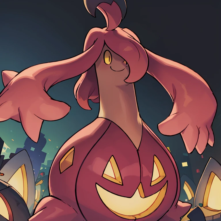 ((masterpiece,best quality)), absurdres,
<lora:Gourgeist_Pokemon_Anime:0.8>, Gourgeist_Pokemon, no humans, pokemon \(creature\),
solo, smiling, looking at viewer,
purple theme, graveyard in background,