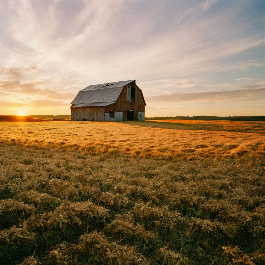 film photography style a golden field with a small barn at sunset, a few clouds, light grain <lora:FILM_PHOTOGRAPHY_STYLE-000049:.6>