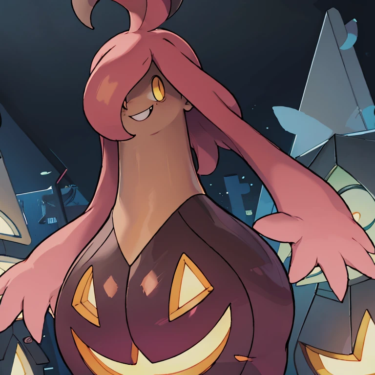 ((masterpiece,best quality)), absurdres, 
<lora:Gourgeist_Pokemon_Anime:1>, Gourgeist_Pokemon, no humans, pokemon \(creature\),
solo, smiling, looking at viewer,
purple theme, graveyard in background,