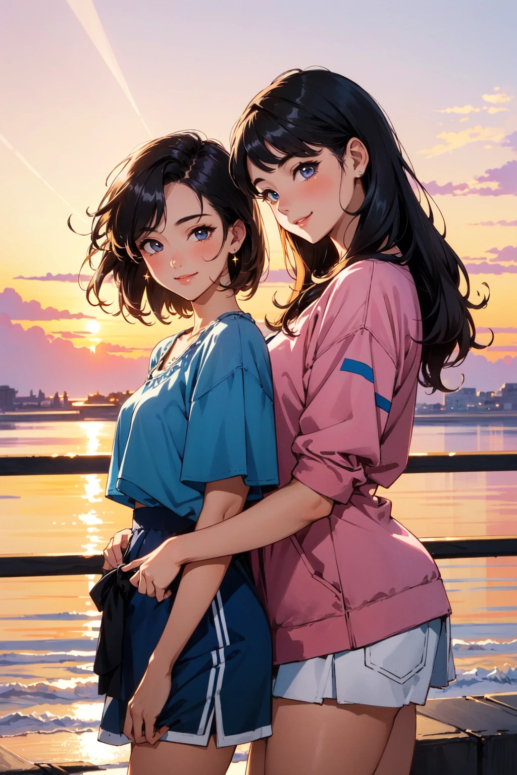 (masterpiece, best quality:1.2), intricate detail, (2girls), nature, sunset, golden hour, warm glow, vaporwave, neon, 80s, hand on another's shoulder, casual outfit, smile, looking at another,