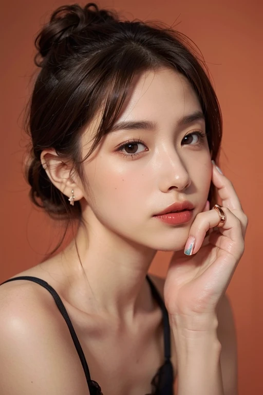 (((masterpiece))),((bestquality)),8k,high detailed,ultra-detailed,photography,award winning,documentary,Original Photo,Realisticity,(Radom simple color background:1.35),1girl,slim asian girl,beautiful face,slim body,((real skin texture)),(well-proportioned hands),((different face features for each pictures:1.45)),((different girl for each picture:1.45)),((random color underwear)),makeup foundatiom,eyeliner,eyelashes,random color lipstick,random color nail polish,makeup,earring,rings,Copper Hair,twin drills,hair over one eye,double bun,[Kind Smile|Hair In Mouth|Light Blush],