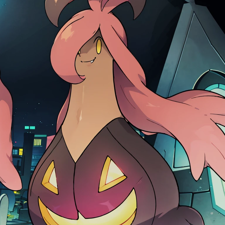 ((masterpiece,best quality)), absurdres,
<lora:Gourgeist_Pokemon_Anime:1>, Gourgeist_Pokemon, no humans, pokemon \(creature\),
solo, smiling, looking at viewer,
purple theme, graveyard in background,