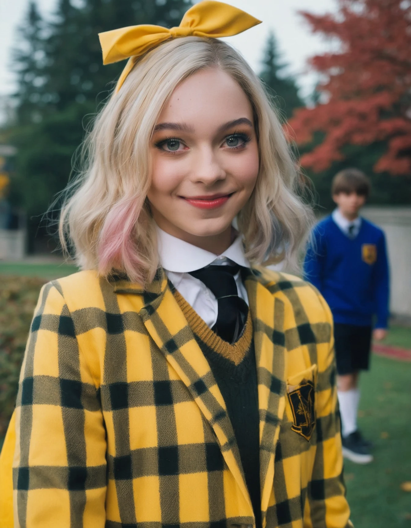 (full height:1.3), a vivacious ((ohwx woman)) As Cher Horowitz from Clueless. In her yellow plaid school uniform, posing with her high school pals. Inspired by Krenz Cushart, neoism, kawacy, wlop, gits anime. Blonde hair, epitome of 90s teen fashion. <lora:myers_lora_sdxl:0.90>