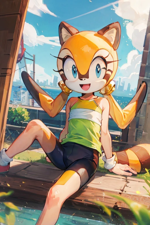 sthmarine, body fur, raccoon ears, raccoon tail, blue eyes, shirt, bike shorts, sitting, :d, city  <lora:Marine-Raccoon-000008:1>