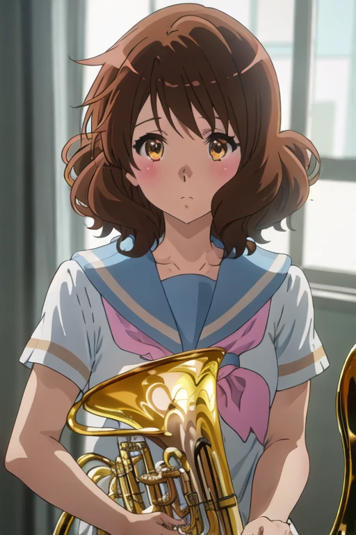 best quality, masterpiece, highres, solo, {oumae_kumiko_soundeuphonium:1.15}, brown_hair, short_hair, brown_eyes, blush, serafuku, bangs, closed_mouth, 1girl, instrument, shirt, white_shirt, holding, holding_instrument, collarbone