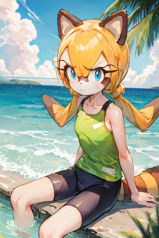sthmarine, body fur, raccoon ears, raccoon tail, blue eyes, shirt, bike shorts, sitting, frown, ocean <lora:Marine-Raccoon-000008:1>