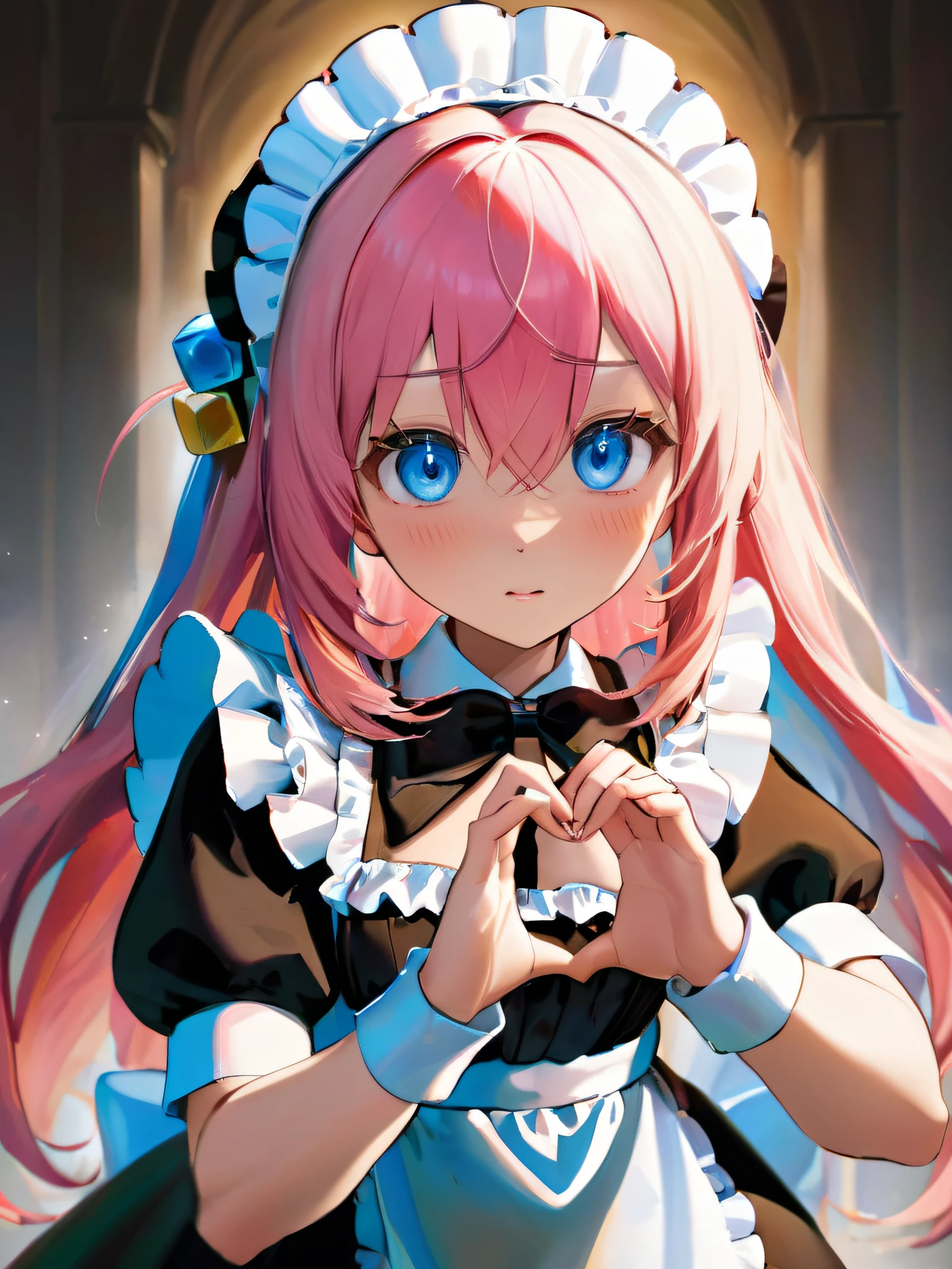a cute maid girl with pink very long hair and blue eyes and large breasts gazes at the viewer against a simple white background, her hands forming a heart.The scene is lit by Rembrandt-lighting, with light rays and rim light highlighting her features. Her hair, styled with bangs and sidelocks, frames her blushing face, a cube hair ornament adding a quirky touch. The black and write maid dress and puffy short sleeves, brings a sense of modesty to the scene. Sweat beads on her skin, showcasing her flustered state. The heart she forms with her hands and the frills on her maid headdress and apron complete the picture, <lora:gotou_hitori_xl:1>