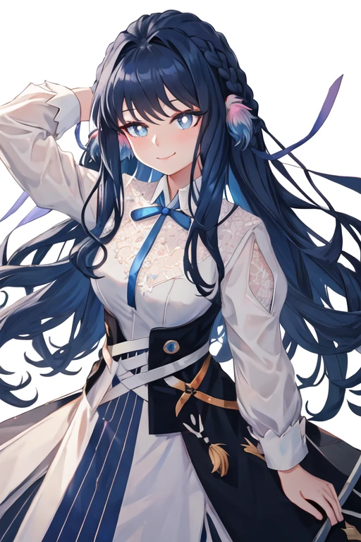 best quality, masterpiece, highres, solo, {astesia_arknights:1.15}, long_hair, blue_hair, blue_eyes, bangs, smile, bright_pupils, 1girl, ribbon, shirt, simple_background, upper_body, white_background, white_shirt, braid, collared_shirt, looking_at_viewer, black_ribbon, closed_mouth, diamond-shaped_pupils, hair_intakes, neck_ribbon, skirt