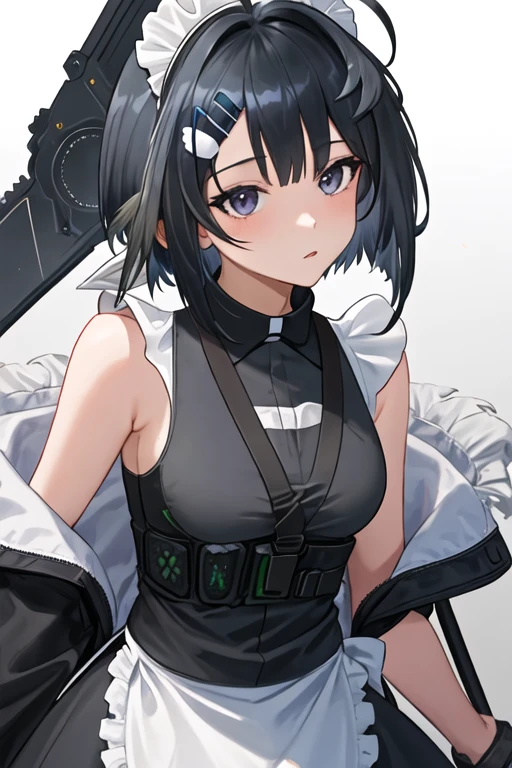 best quality, masterpiece, highres, solo, {maid:1.40}, {long maid dress:1.15}, {la_pluma_arknights:1.15}, short_hair, black_hair, bangs, hair_ornament, ahoge, hairclip, breasts, hair_intakes, upper_body, medium_breasts, sleeveless, black_eyes, feather_hair
